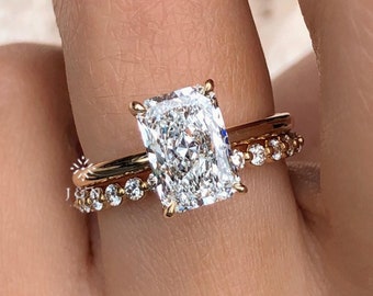 3CT Radiant Cut Moissanite Ring Set 14k Gold Bridal Engagement & Wedding Ring Set Anniversary Ring Set Radiant Cut Bridal Ring Set