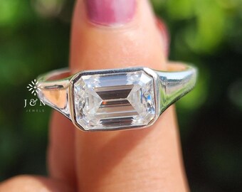 East West Emerald Cut Moissanite Engagement Ring Full Bezel Ring 14k White Gold Solitaire Ring Wedding Ring Anniversary Gifts For Women