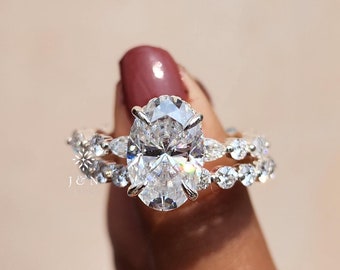 Oval Cut Moissanite Engagement Ring Set Bridal Ring Set 3CT Oval Cut Solitaire Ring 14K Solid Gold Ring Wedding Ring Set Anniversary Gift