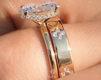 3CT Oval Cut Moissanite Engagement Ring 14k Rose Gold Unique Split Band Ring with Diamond Accents Modern Solitaire Bridal Ring for Women