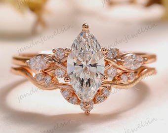 Floral Marquise Cut Moissanite Engagement Ring Set Marquise Bridal Ring Set 14k Gold Ring Nature Inspire Ring Set Proposal Ring Unique Ring