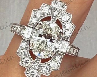 Vintage Oval Moissanite Engagement Ring Art Deco Halo Diamond Ring Antique Milgrain Baguette Accent Unique Anniversary Gift for Her