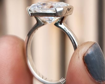East West Radiant Cut Moissanite Engagement Ring Half Bezel Set Ring Unique Radiant Cut Ring 14k Gold Ring Wedding Ring Anniversary Gifts
