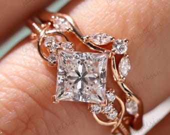 2CT Princess Moissanite Engagement Ring Set 14K Gold Ring Bridal Set Nature Inspired Floral Wedding Ring Unique Anniversary Ring