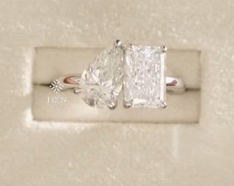 Toi Et Moi Pear Moissanite Engagement Ring Side Stone Radiant Cut Ring 14k Gold Ring Two Stone Unique Ring Anniversary Ring Wedding Ring