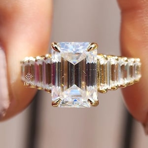 Emerald Cut Moissanite Engagement Ring 14K Yellow Gold with Baguette Side Stones Art Deco Wedding Ring Vintage Style Promise Ring for Her