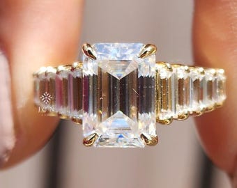 Emerald Cut Moissanite Engagement Ring 14K Yellow Gold with Baguette Side Stones Art Deco Wedding Ring Vintage Style Promise Ring for Her