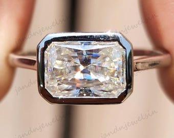 2CT Radiant Cut Moissanite Engagement Ring East West Bezel Set 14K Solid Gold Wedding Ring Horizontal Ring Solitaire Anniversary Ring