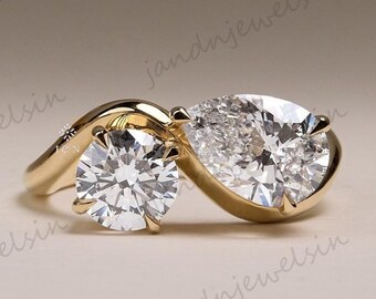 Bypass Pear Moissanite Engagement Ring Toi Et Moi Ring 14k Gold Two Stone Ring Wedding Ring For Her Anniversary Ring Promise Ring
