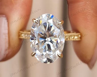 4CT Vintage Oval Moissanite Engagement Ring Art Deco 14k Yellow Gold Solitaire Ring Antique Bridal Ring For Her Unique Wedding Ring