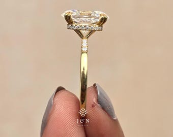 3CT Oval Cut Moissanite Engagement Ring Oval Distance Pave Ring 14K Solid Gold Hidden Halo Wedding Ring Unique Pave Band Anniversary Gift
