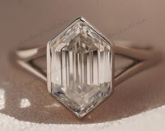 Hexagon Cut Moissanite Diamond Engagement Ring Geometric Bezel Setting Modern 14k White Gold Bridal Ring Unique Wedding Art Deco Ring