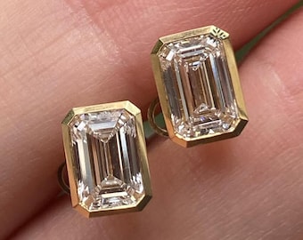 18K Gold Diamond Earrings Elegant Emerald Cut Studs Bezel Set Push Backs Dainty Modern Minimalist Gift For Her
