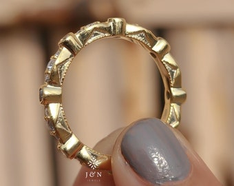 0.50CT Round Moissanite Wedding Band Marquise Outline Eternity Ring Stackable Band Milgrain Gold Band Bridal Jewelry