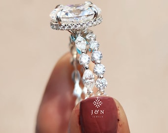 Oval Cut Moissanite Engagement Ring Set Bridal Ring Set 3CT Oval Cut Solitaire Ring 14K Solid Gold Ring Wedding Ring Set Anniversary Gift