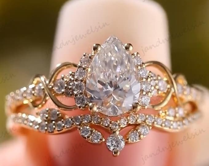 Featured listing image: 2CT Pear Moissanite Engagement Ring Set 14K Gold Ring Bridal Set Nature Inspired Floral Wedding Ring Unique Promise Ring Anniversary Gifts