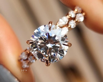 3CT Round Cut Lab Grown Diamond Engagement Ring Set 14K Gold Bridal Ring Set Unique Wedding Ring Set For Her Round Cut Diamond Ring Set