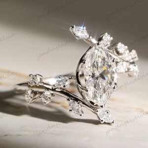 Marquise Cut Moissanite Engagement Ring Unique Leaf Branch Diamond Ring 14k Gold Nature Inspired Wedding Ring Set Bridal Ring Set for Her