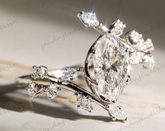 Marquise Cut Moissanite Engagement Ring Unique Leaf Branch Diamond Ring 14k Gold Nature Inspired Wedding Ring Set Bridal Ring Set for Her