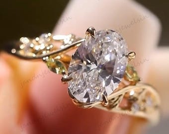 Oval Moissanite Engagement Ring 14k Gold Leaf Vine Nature-Inspired Ring Unique Floral Ring Botanical Wedding Ring Anniversary Gifts For Her