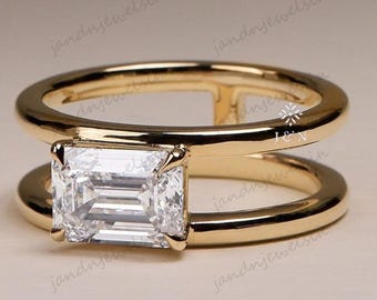 Emerald Cut Moissanite Double Band Engagement Ring 14K Gold Open Shank Minimalist Ring Statement Wedding Ring for Women Gift for Her