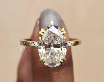 3CT Oval Cut Moissanite Engagement Ring Oval Distance Pave Ring 14K Solid Gold Hidden Halo Wedding Ring Unique Pave Band Anniversary Gift