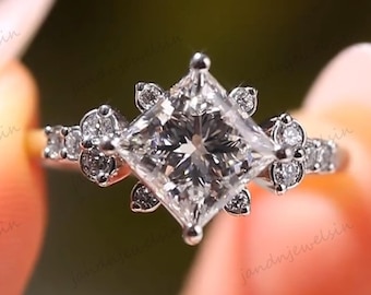 2.5CT Princess Cut Moissanite Engagement Ring Floral Diamond Accent Ring 14k White Gold Unique Bridal Ring Vintage Inspired Wedding Ring