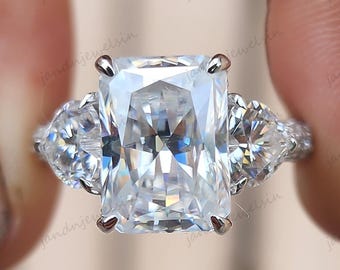4CT Radiant Cut Moissanite Engagement Ring Radiant Cut Three Side Pave Wedding Ring Unique Hidden Halo Stackable Proposal Ring For Her