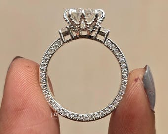 Round Cut Moissanite Engagement Ring Three Stone Tulip Setting Ring 14K Solid Gold Wedding Ring For Her Anniversary Gift Pave Band Ring