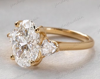 Three Stone Oval Moissanite Engagement Ring 3CT Oval Cut Solitaire Side Stones Heart Cut Ring 14K Gold Wedding Ring Proposal Ring For Her