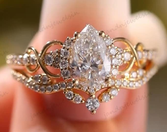 Featured listing image: 2CT Pear Moissanite Engagement Ring Set 14K Gold Ring Bridal Set Nature Inspired Floral Wedding Ring Unique Promise Ring Anniversary Gifts