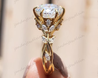 Floral Portuguese Cut Moissanite Engagement Ring Vintage 14K Gold Moissanite Diamond Wedding Ring Nature Inspire Ring Promise Ring For Women