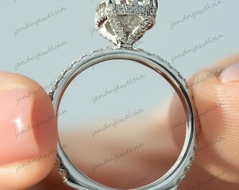 Oval Cut Moissanite Engagement Ring Euro Shank Ring 14K White Gold Hidden Halo Pave Diamond Band Classic Solitaire Bridal Ring Gift for Her