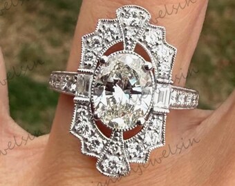 Vintage Oval Moissanite Engagement Ring Art Deco Halo Diamond Ring Antique Milgrain Baguette Accent Ring Unique Anniversary Gift for Her