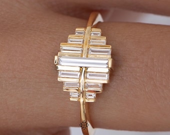 2TCW Baguette Cut Moissanite Engagement Ring 18K Solid Gold Minimalist Statement Wedding Ring Unique Anniversary Gift Ring