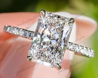 Radiant Cut Moissanite Engagement Ring 4 Prong Pave Diamond Band 3CT Diamond Ring Hidden Halo Ring Proposal Ring Bridal Jewelry