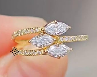 Triple Marquise Moissanite Diamond Engagement Ring Unique Promise Ring Anniversary Gift in 14K Gold Paved Accent Ring For Women