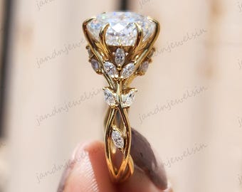 Floral Portuguese Cut Lab Grown Engagement Ring Vintage 14K Gold Lab Grown Diamond Wedding Ring Nature Inspire Ring Promise Ring For Her