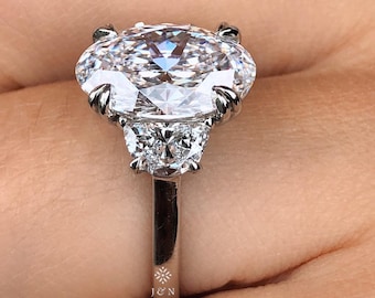 4CT Oval Moissanite Three Stone Engagement Ring 14k Gold Ring Side Stone Half Moon Accents Wedding Ring Anniversary Gifts For Her