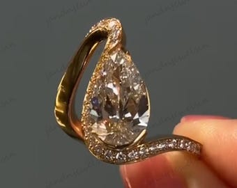 2.5CT Pear Cut Curved Moissanite Engagement Ring 14k Gold Pave Band Solitaire Ring Unique Wedding Ring For Her Anniversary Gift For Women