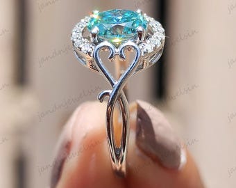Cyan Blue Moissanite Engagement Ring Art Deco Oval Cut Wedding Ring Twisted Band Solid Gold Halo Ring Oval Cut Diamond Anniversary Gifts