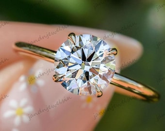 Classic Round Moissanite Solitaire Ring 14K Solid Gold Ring 6 Prong Engagement Ring Dainty Thin Gold Wedding Band Minimalist Proposal Ring