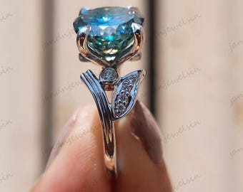 Cyan Blue Portuguese Cut Moissanite Engagement Ring Vintage Floral Wedding Ring 14k Gold Solitaire Diamond Ring Unique Nature Inspired Ring