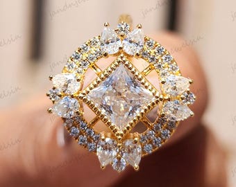 Art Deco Princess Cut Moissanite Engagement Ring Vintage Floral Halo Ring Teardrop Diamond Ring 14K Gold Statement Ring Anniversary Gift