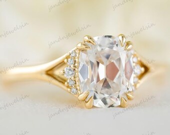 Step Cut Cushion Moissanite Engagement Ring 14k Yellow Gold Vintage Inspired Solitaire with Diamond Accents Unique Bridal Ring for Her