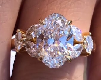 Oval Moissanite Engagement Ring 14k Yellow Gold Wedding Ring Vintage Style Handmade Side Stone Marquise Cut Promise Ring Anniversary Gifts