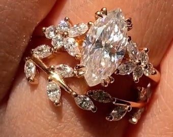 Marquise Moissanite Ring Floral Engagement Ring Nature-Inspired Wedding Band Bridal Set 14k Rose Gold Moissanite Ring Unique Promise Ring
