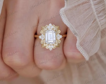 Art Deco Engagement Ring Emerald Cut Colorless Moissanite Diamond Ring Halo Wedding Ring 14K Solid Gold Ring Classic Designs Inspire Ring