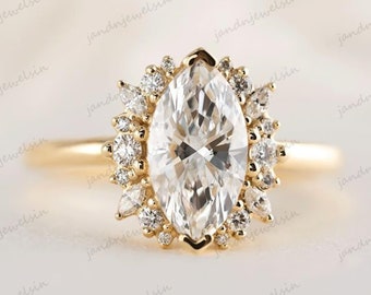 Marquise Moissanite Engagement Ring Vintage Sunburst Halo Design 14K Gold Unique Bridal Ring Floral Diamond Accent Ring Gift For Her