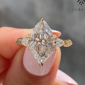 Vintage Marquise Cut Moissanite Engagement Ring 14K Solid Gold Art Deco Wedding Ring Unique Cluster Milgrain Nature Inspired Ring
